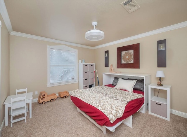 bedroom featuring light colored carpet and ornamental molding