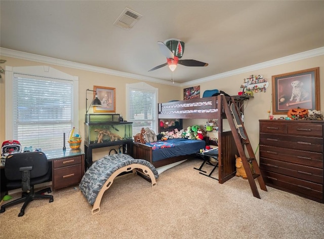 bedroom with ceiling fan, light colored carpet, and crown molding