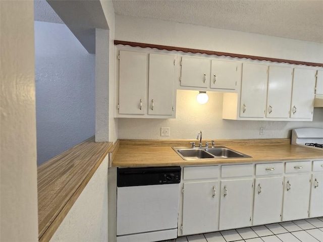 kitchen with sink, range, white cabinetry, white dishwasher, and a textured ceiling