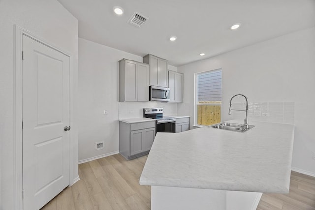 kitchen featuring visible vents, gray cabinetry, appliances with stainless steel finishes, a sink, and a peninsula