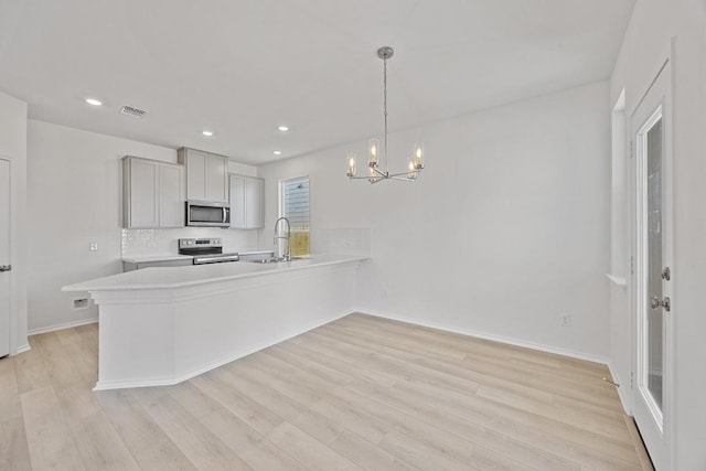 kitchen featuring stainless steel appliances, light countertops, backsplash, a sink, and light wood-type flooring