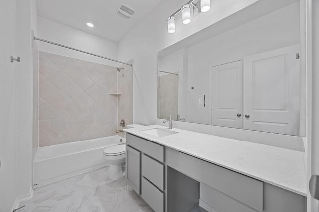 bathroom with marble finish floor, shower / bathtub combination, visible vents, toilet, and vanity