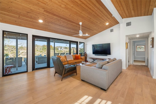 living room featuring wood ceiling, ceiling fan, high vaulted ceiling, and light hardwood / wood-style floors