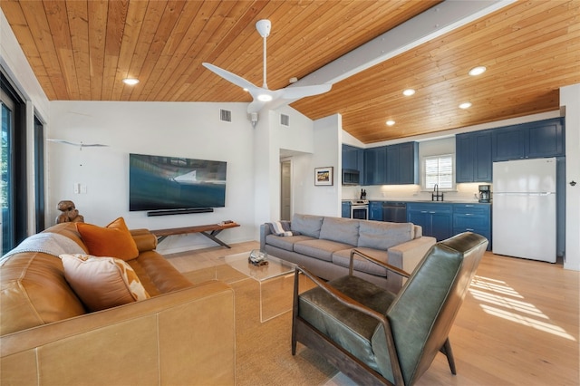 living room with sink, vaulted ceiling, ceiling fan, light hardwood / wood-style floors, and wood ceiling