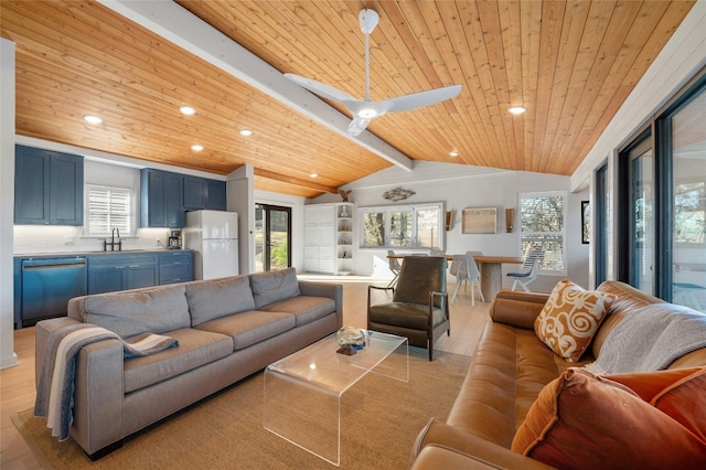 living room featuring wooden ceiling, lofted ceiling with beams, sink, ceiling fan, and light hardwood / wood-style floors