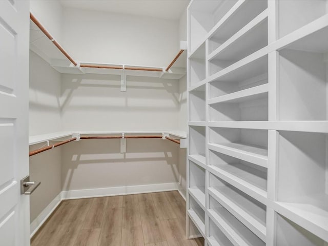 walk in closet with light hardwood / wood-style flooring