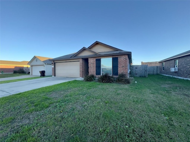 single story home with cooling unit, a front lawn, and a garage