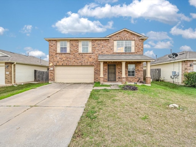 view of front of property with a porch, a garage, and a front lawn