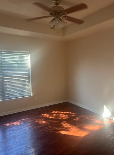 spare room with a tray ceiling and ceiling fan