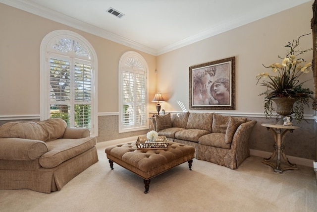 carpeted living room featuring crown molding