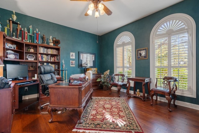 office area with dark hardwood / wood-style floors, a healthy amount of sunlight, and ceiling fan