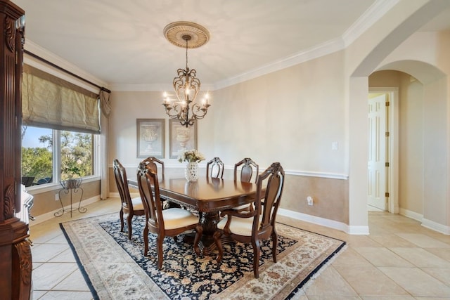 dining room featuring light tile patterned floors, a chandelier, and ornamental molding