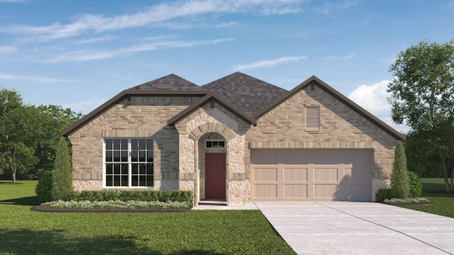 view of front of house featuring a garage and a front lawn