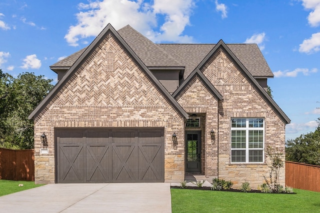 view of front of house with a front yard and a garage