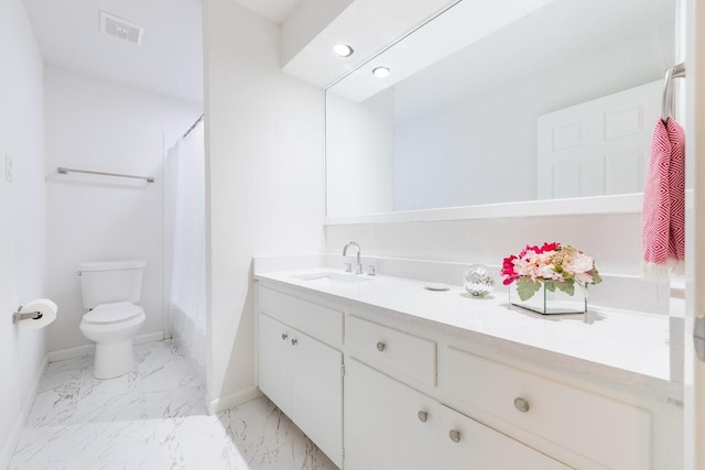 5201 Periwinkle Path, Austin, TX 78745 - bathroom with vanity, marble look tiles, shower / tub combo with curtain, and recessed lighting