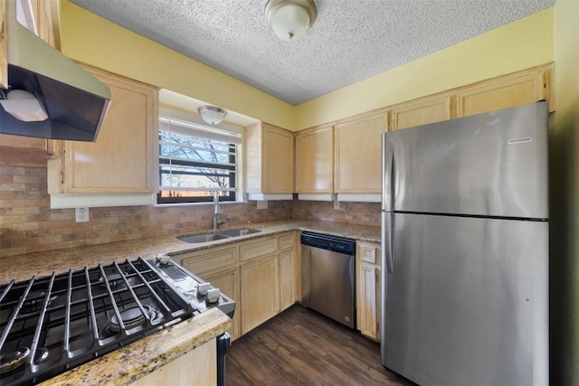 kitchen featuring light brown cabinets, sink, stainless steel appliances, and range hood