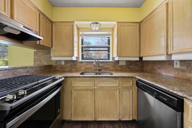 kitchen with appliances with stainless steel finishes, light brown cabinetry, light stone counters, ventilation hood, and sink