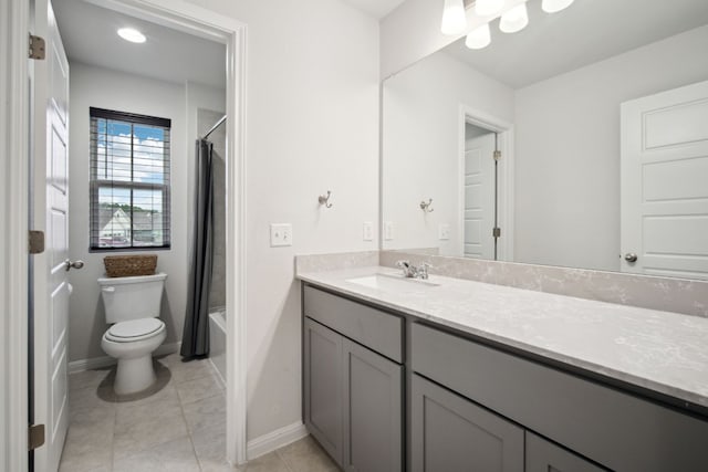 full bathroom featuring tile patterned floors, vanity, shower / bath combination with curtain, and toilet