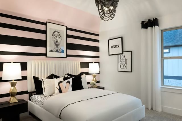 bedroom featuring radiator, carpet, and a notable chandelier