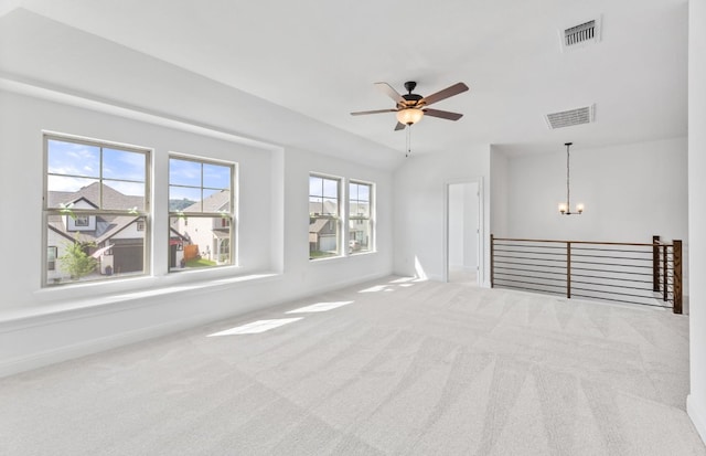 3353 Vestland Fjord St, Leander, TX 78641 - unfurnished room with baseboards, visible vents, carpet, and ceiling fan with notable chandelier