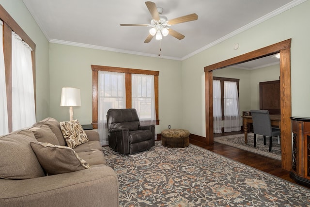 living room featuring dark hardwood / wood-style floors, ceiling fan, and ornamental molding