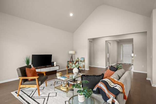 living room with dark hardwood / wood-style floors and high vaulted ceiling