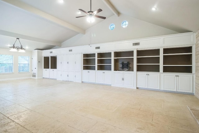30102 Carmel Bay St, Georgetown, TX 78628 - spare room with beam ceiling, high vaulted ceiling, a ceiling fan, and a chandelier