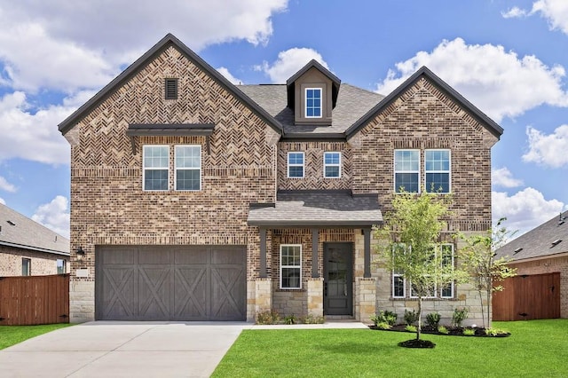 view of front of property with a garage and a front yard