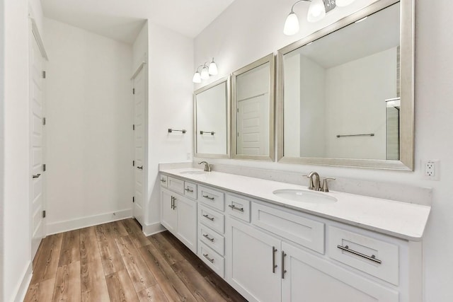 bathroom with vanity and wood-type flooring