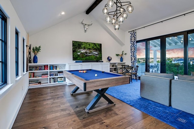 recreation room with lofted ceiling with beams, dark hardwood / wood-style floors, and billiards