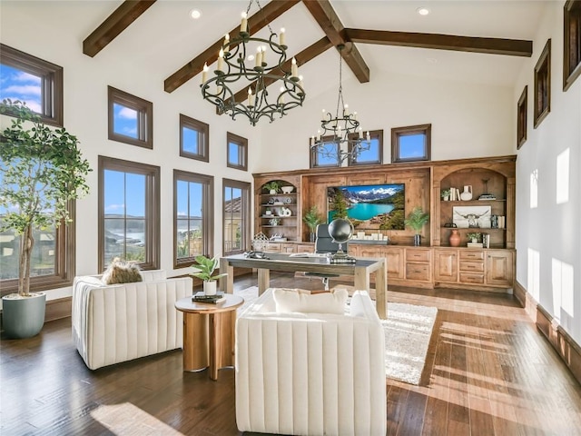 living room with beam ceiling, dark hardwood / wood-style flooring, a towering ceiling, and a chandelier