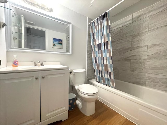 full bathroom with wood-type flooring, vanity, toilet, and shower / bathtub combination with curtain