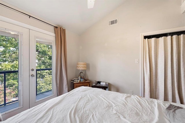 bedroom with access to exterior, ceiling fan, and lofted ceiling