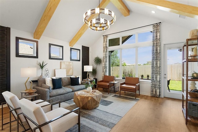 living room featuring beam ceiling, hardwood / wood-style flooring, high vaulted ceiling, and a notable chandelier