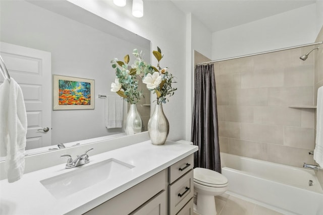 full bathroom featuring toilet, vanity, tile patterned floors, and shower / tub combo with curtain