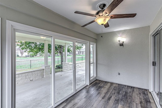 doorway featuring ceiling fan and dark wood-type flooring