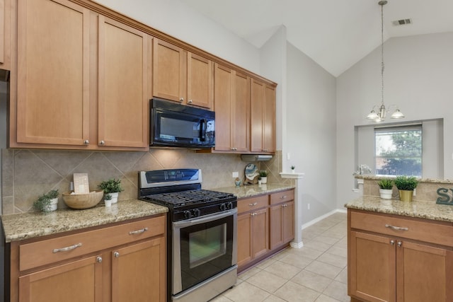 kitchen featuring tasteful backsplash, stainless steel gas range oven, pendant lighting, light tile patterned floors, and a chandelier