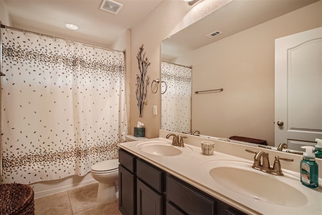 full bathroom with tile patterned floors, vanity, toilet, and shower / bathtub combination with curtain