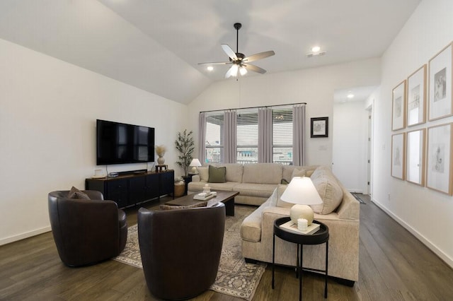 living room with dark hardwood / wood-style flooring, vaulted ceiling, and ceiling fan