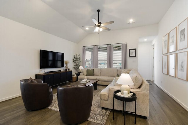 524 Calmo Ct, Liberty Hill, TX 78642 - living area with ceiling fan, dark wood finished floors, lofted ceiling, baseboards, and recessed lighting