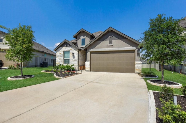 524 Calmo Ct, Liberty Hill, TX 78642 - craftsman inspired home with stone siding, concrete driveway, an attached garage, stucco siding, and central air condition unit