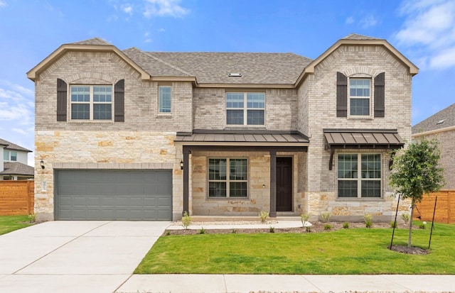 3813 Gabriels Horn Rd, Leander, TX 78641 - view of front of property featuring a garage, stone siding, concrete driveway, and a standing seam roof