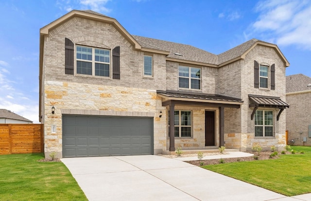3813 Gabriels Horn Rd, Leander, TX 78641 - view of front facade featuring stone siding, an attached garage, concrete driveway, and a standing seam roof