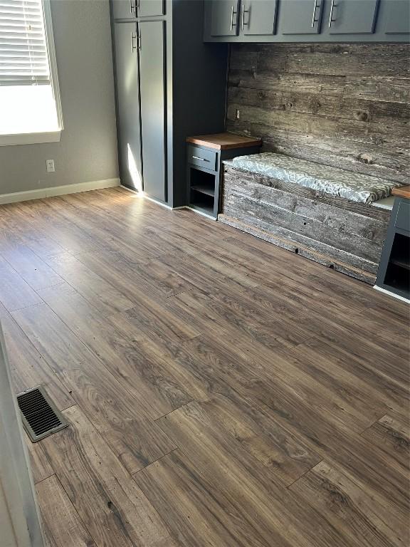 interior space with dark hardwood / wood-style flooring and gray cabinets