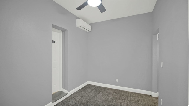 unfurnished room with ceiling fan, dark carpet, and a wall mounted AC