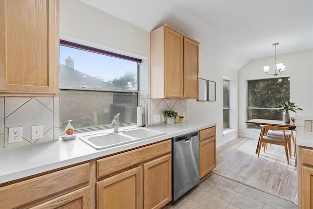 kitchen with backsplash, stainless steel dishwasher, sink, decorative light fixtures, and an inviting chandelier