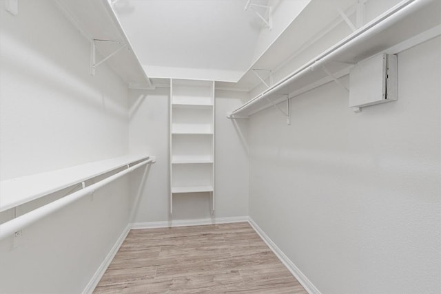 walk in closet with light hardwood / wood-style floors