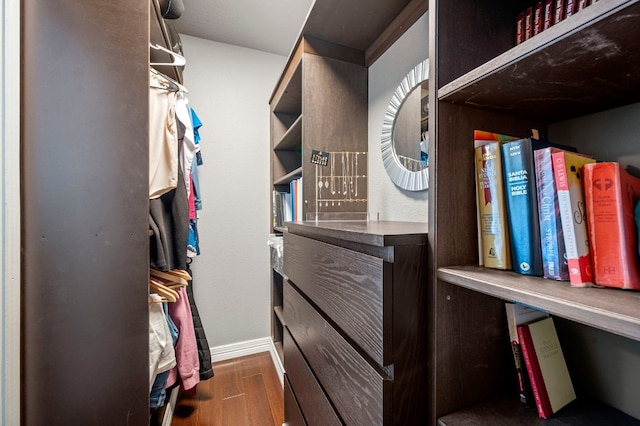 walk in closet with dark hardwood / wood-style floors