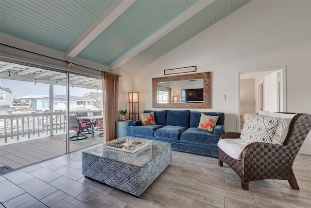 living room with beamed ceiling, wooden ceiling, and high vaulted ceiling