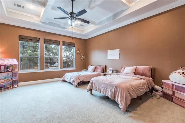 bedroom featuring visible vents, coffered ceiling, carpet flooring, and beamed ceiling